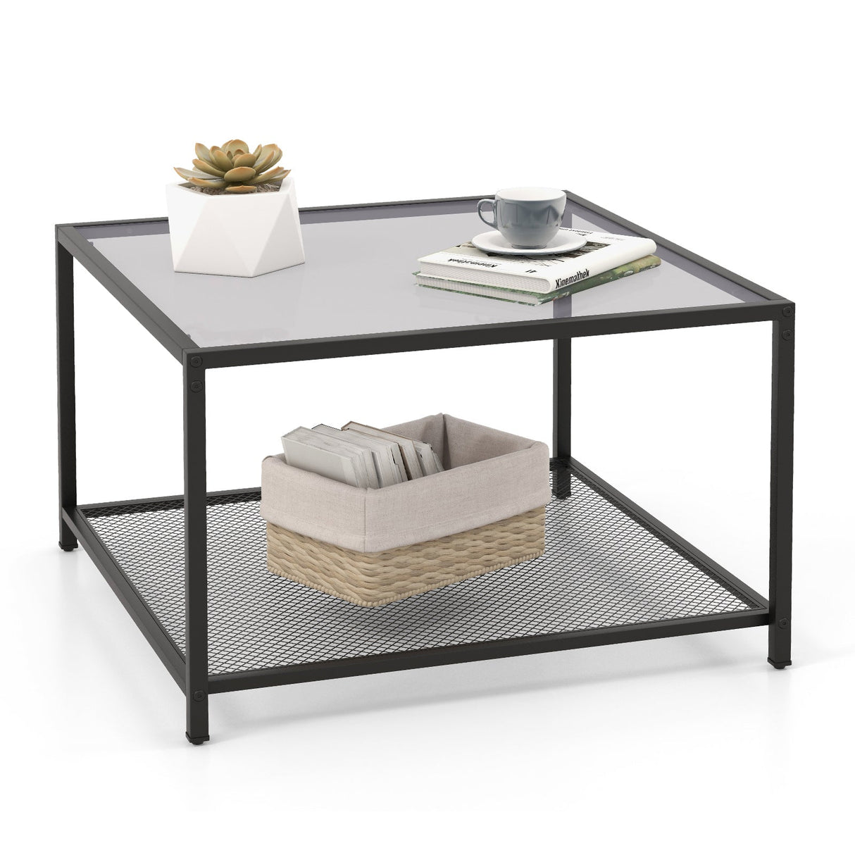 Mesa de centro moderna de cristal cuadrado de 2 niveles con estante de malla