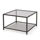 Mesa de centro moderna de cristal cuadrado de 2 niveles con estante de malla
