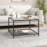 Mesa de centro moderna de cristal cuadrado de 2 niveles con estante de malla