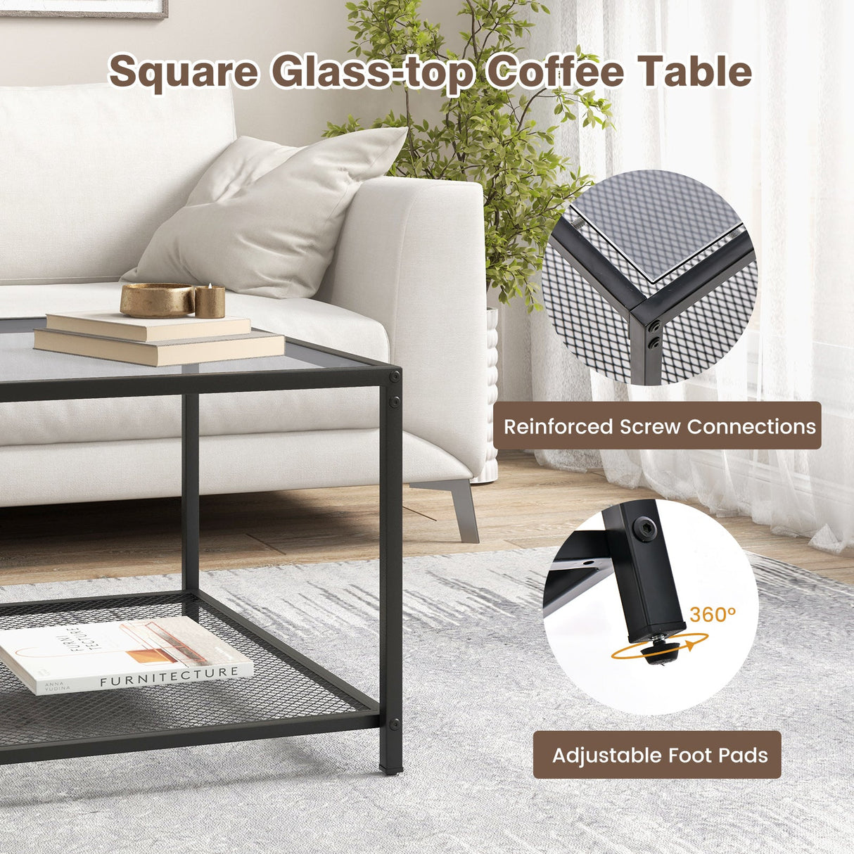 Mesa de centro moderna de cristal cuadrado de 2 niveles con estante de malla