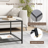 Mesa de centro moderna de cristal cuadrado de 2 niveles con estante de malla
