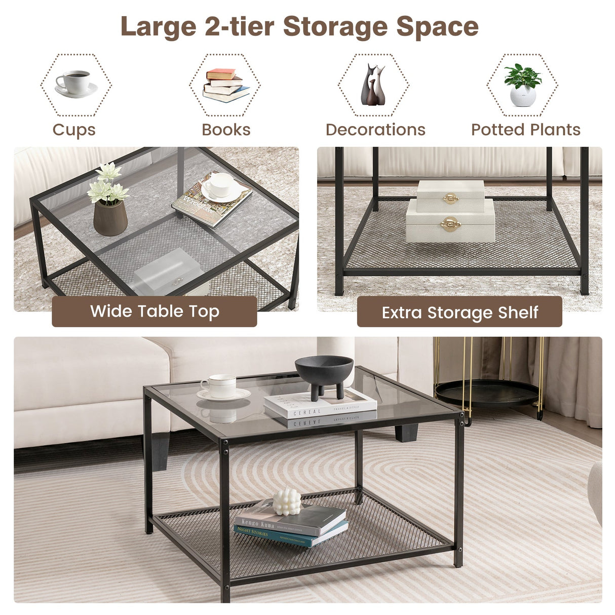 Mesa de centro moderna de cristal cuadrado de 2 niveles con estante de malla