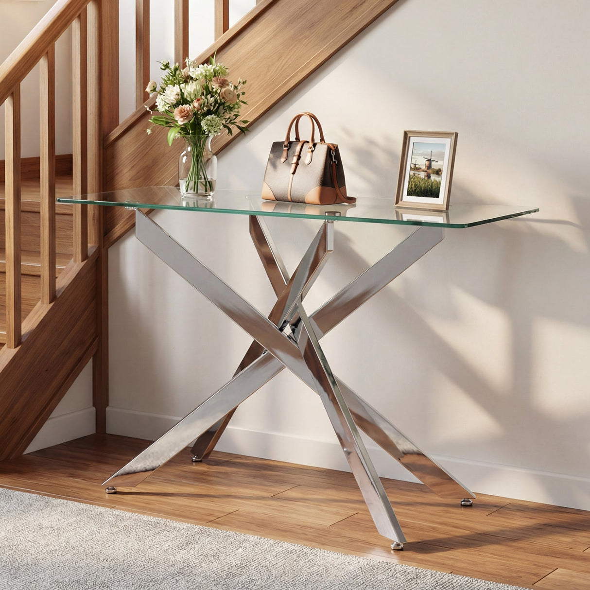 Mesa consola de cristal Mesa de entrada moderna con tapa de cristal templado transparente-Plateado