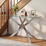 Mesa consola de cristal Mesa de entrada moderna con tapa de cristal templado transparente-Plateado