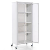 Armario de almacenamiento con puertas de cristal, ruedas y estantes ajustables - Blanco