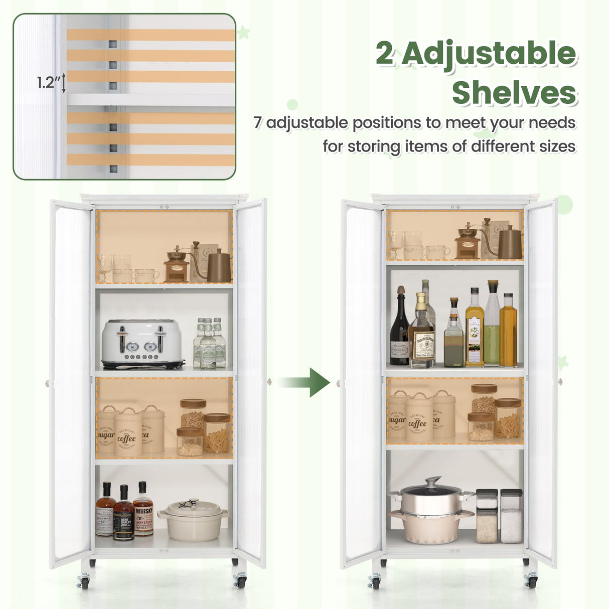 Armario de almacenamiento con puertas de cristal, ruedas y estantes ajustables - Blanco