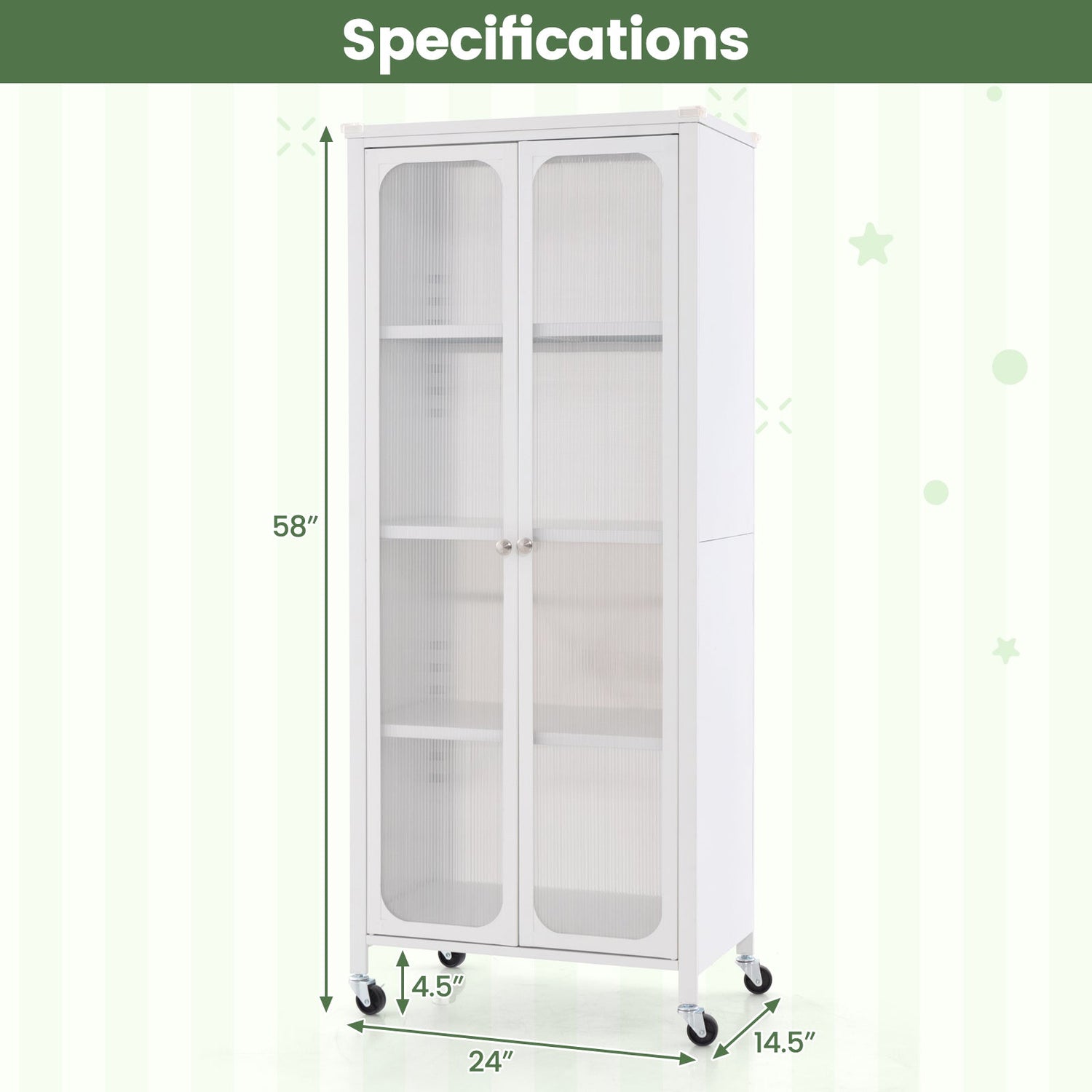 Armario de almacenamiento con puertas de cristal, ruedas y estantes ajustables - Blanco