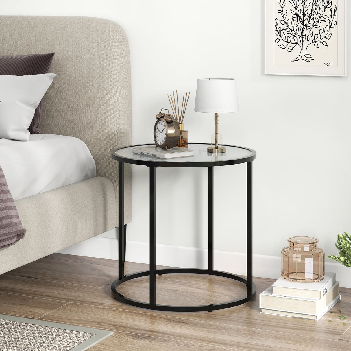 Mesa auxiliar de cristal de 20 pulgadas con estructura metálica y tablero de cristal con efecto mármol - Negro y blanco