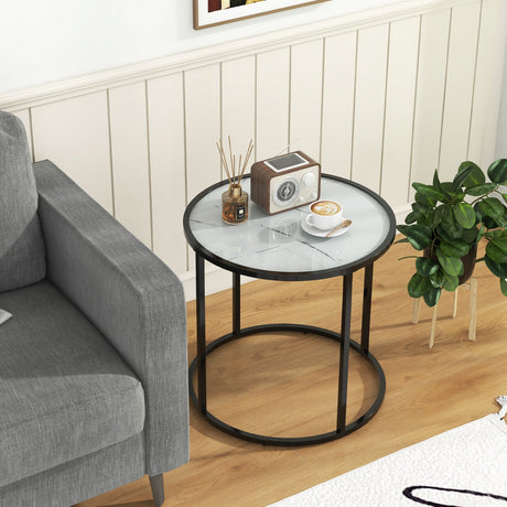 Mesa auxiliar de cristal de 20 pulgadas con estructura metálica y tablero de cristal con efecto mármol - Negro y blanco