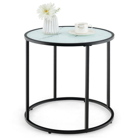 Mesa auxiliar de cristal de 20 pulgadas con estructura metálica y tablero de cristal con efecto mármol - Negro y blanco