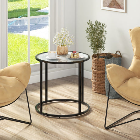 Mesa auxiliar de cristal de 20 pulgadas con estructura metálica y tablero de cristal con efecto mármol - Negro y blanco