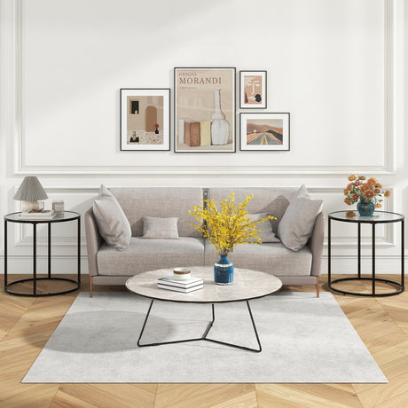 Mesa auxiliar de cristal de 20 pulgadas con estructura metálica y tablero de cristal con efecto mármol - Negro y blanco