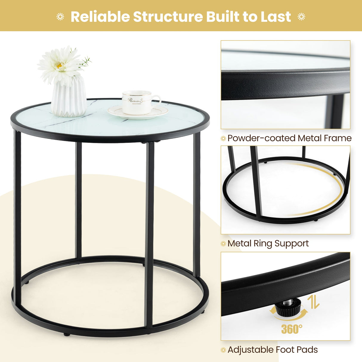 Mesa auxiliar de cristal de 20 pulgadas con estructura metálica y tablero de cristal con efecto mármol - Negro y blanco