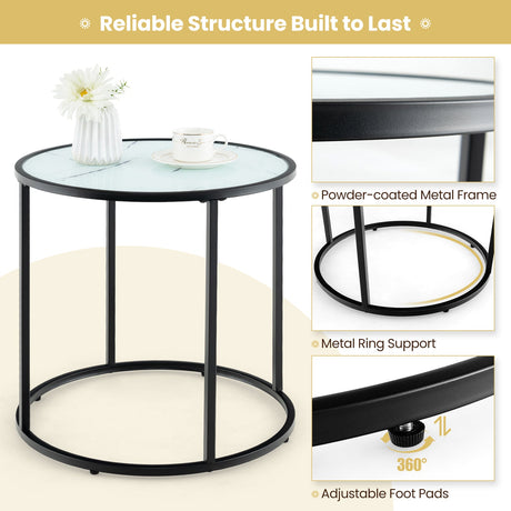 Mesa auxiliar de cristal de 20 pulgadas con estructura metálica y tablero de cristal con efecto mármol - Negro y blanco