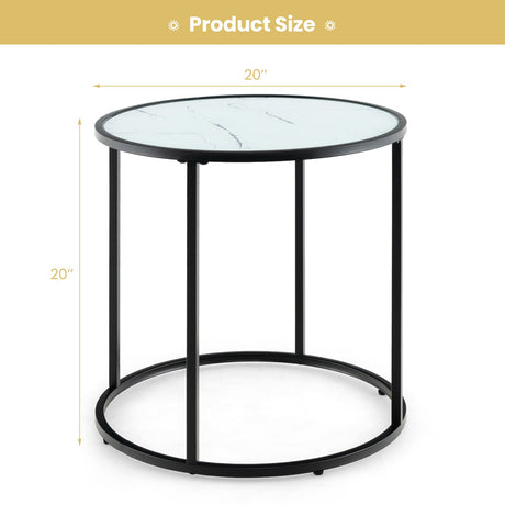 Mesa auxiliar de cristal de 20 pulgadas con estructura metálica y tablero de cristal con efecto mármol - Negro y blanco