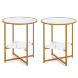 2-Tier Glass End Table Set of 2 with Faux Marble Storage Shelf-White