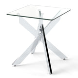 Mesa auxiliar de cristal, mesa auxiliar cuadrada con tapa de cristal templado y base de metal en X - Plateado
