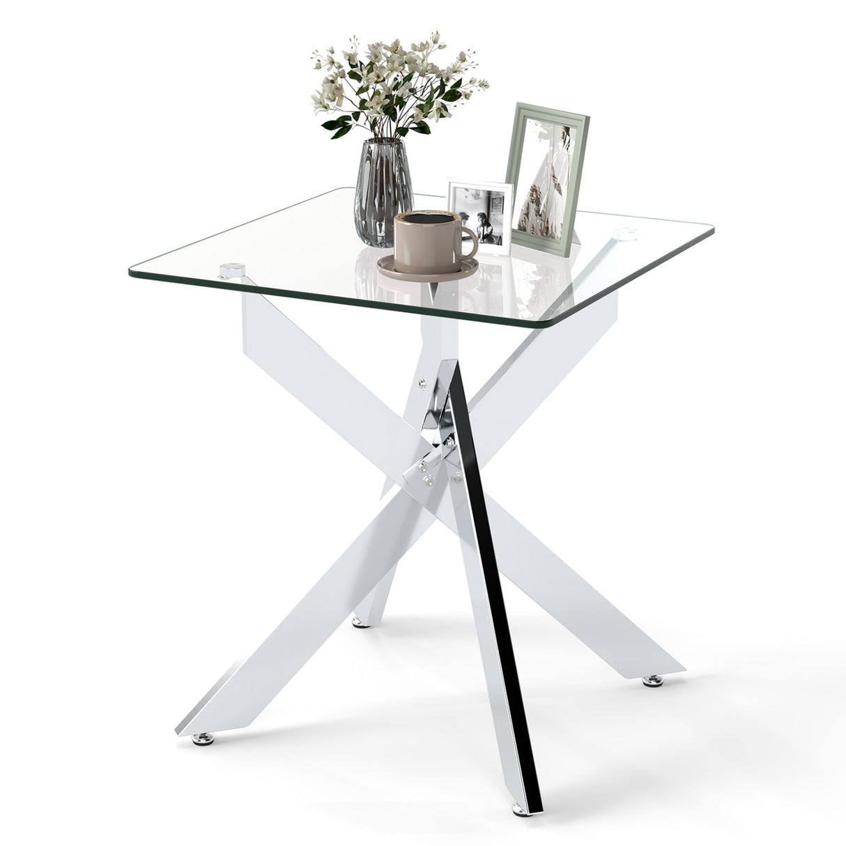 Mesa auxiliar de cristal, mesa auxiliar cuadrada con tapa de cristal templado y base de metal en X - Plateado