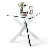 Mesa auxiliar de cristal, mesa auxiliar cuadrada con tapa de cristal templado y base de metal en X - Plateado