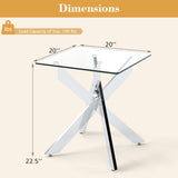 Mesa auxiliar de cristal, mesa auxiliar cuadrada con tapa de cristal templado y base de metal en X - Plateado