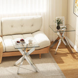 Mesa auxiliar de cristal, mesa auxiliar cuadrada con tapa de cristal templado y base de metal en X - Plateado