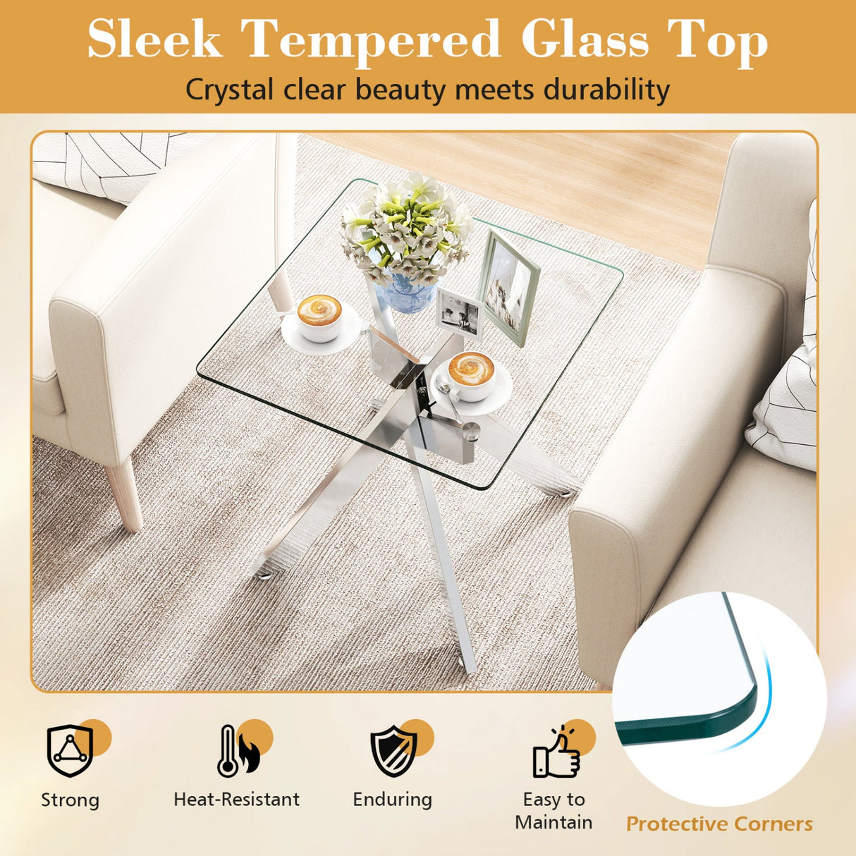 Mesa auxiliar de cristal, mesa auxiliar cuadrada con tapa de cristal templado y base de metal en X - Plateado