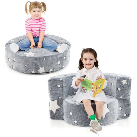 Sofá convertible 2 en 1 que brilla en la oscuridad para niños con funda lavable extraíble - Gris