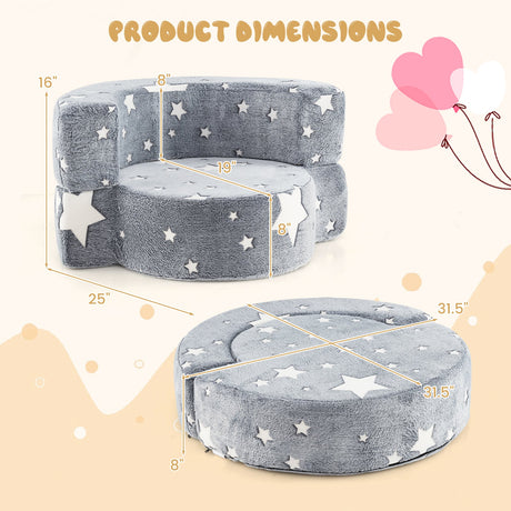 Sofá convertible 2 en 1 que brilla en la oscuridad para niños con funda lavable extraíble - Gris
