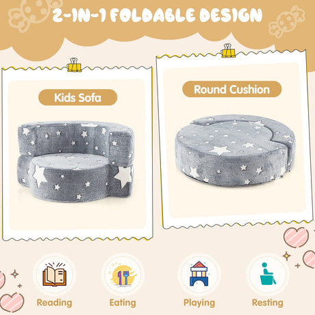 Sofá convertible 2 en 1 que brilla en la oscuridad para niños con funda lavable extraíble - Gris