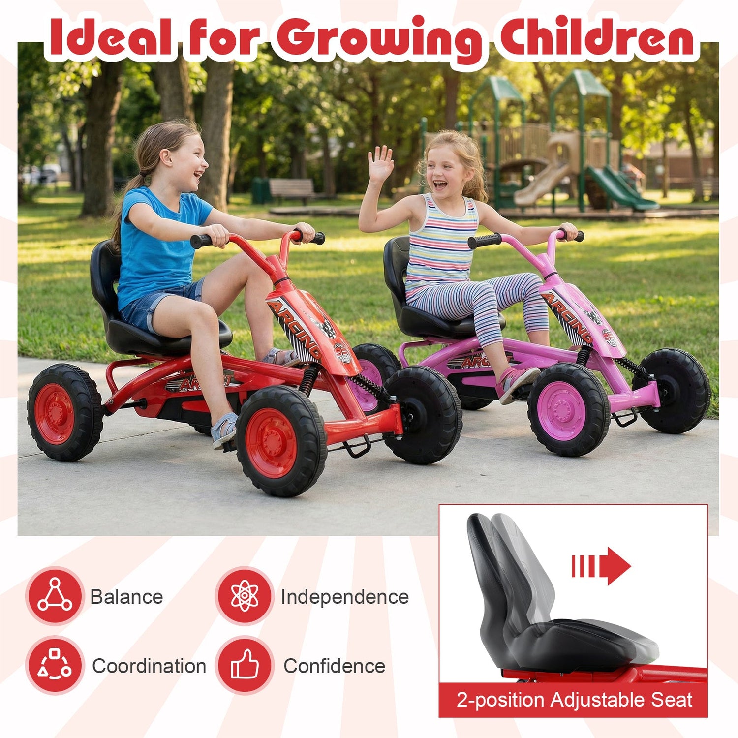 Go Kart para niños de 4 ruedas con manillar de dirección y asiento ajustable