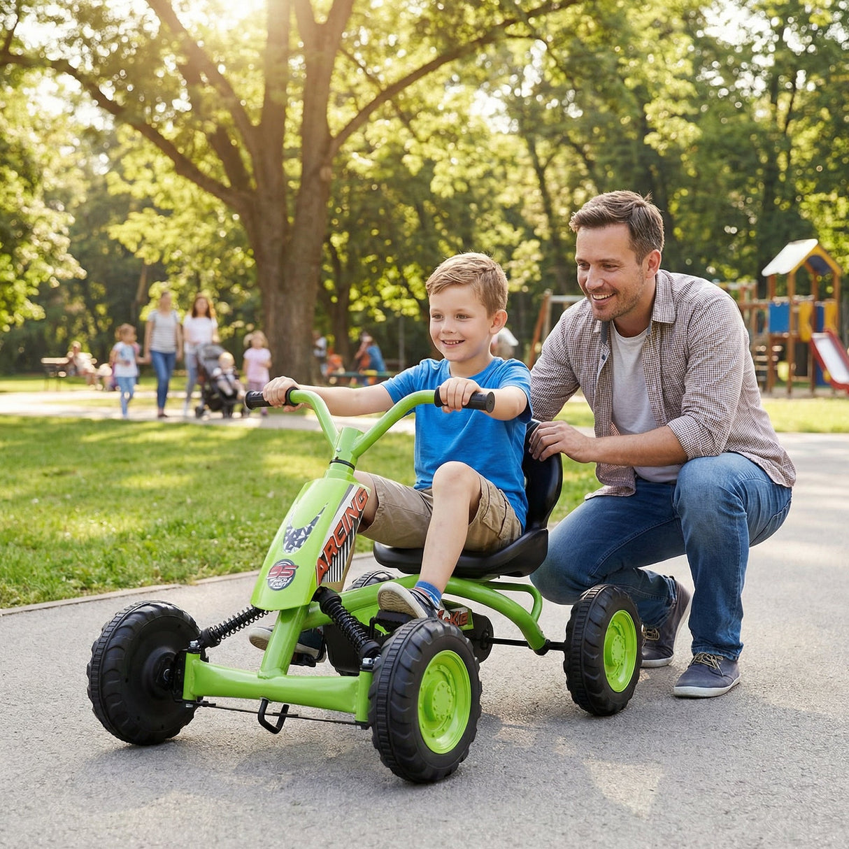 Go Kart para niños de 4 ruedas con manillar de dirección y asiento ajustable