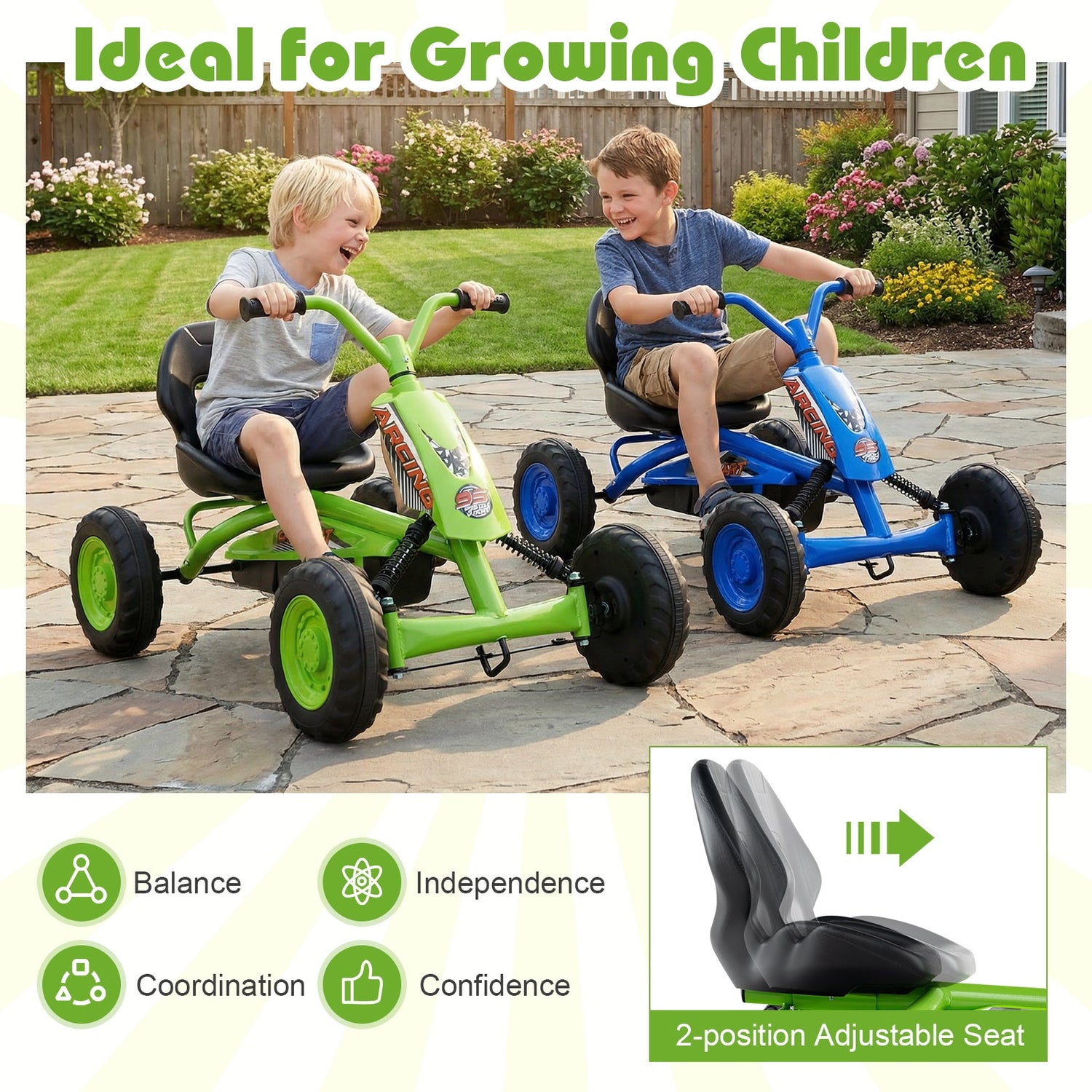 Go Kart para niños de 4 ruedas con manillar de dirección y asiento ajustable