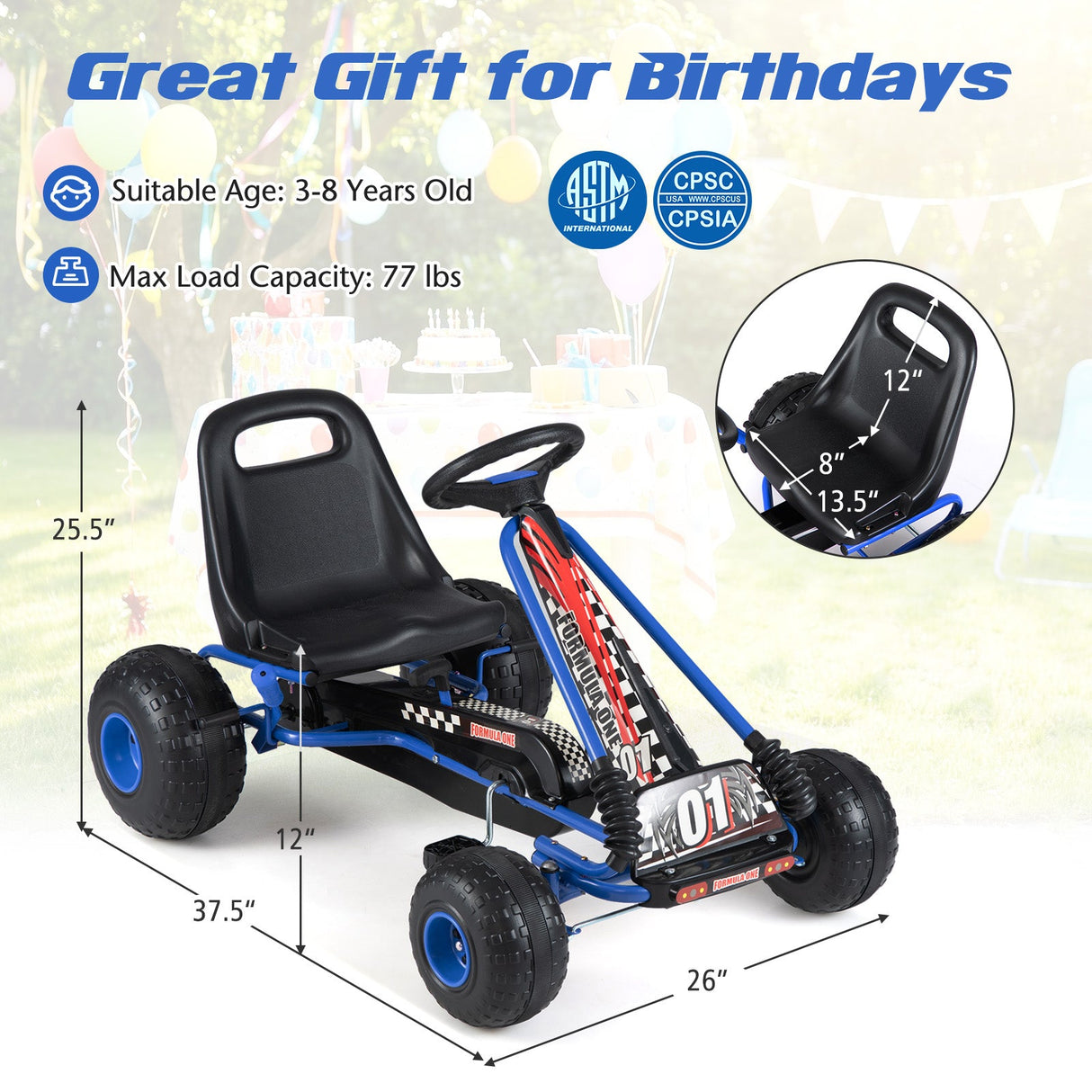 Go Kart para niños con pedales de 4 ruedas, asiento ajustable y ruedas para todo terreno