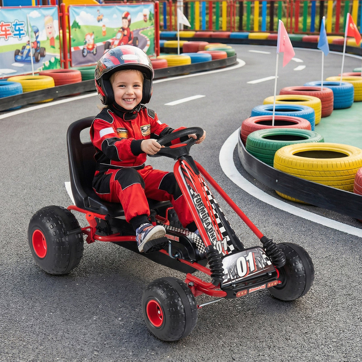 Go Kart para niños con pedales de 4 ruedas, asiento ajustable y ruedas para todo terreno