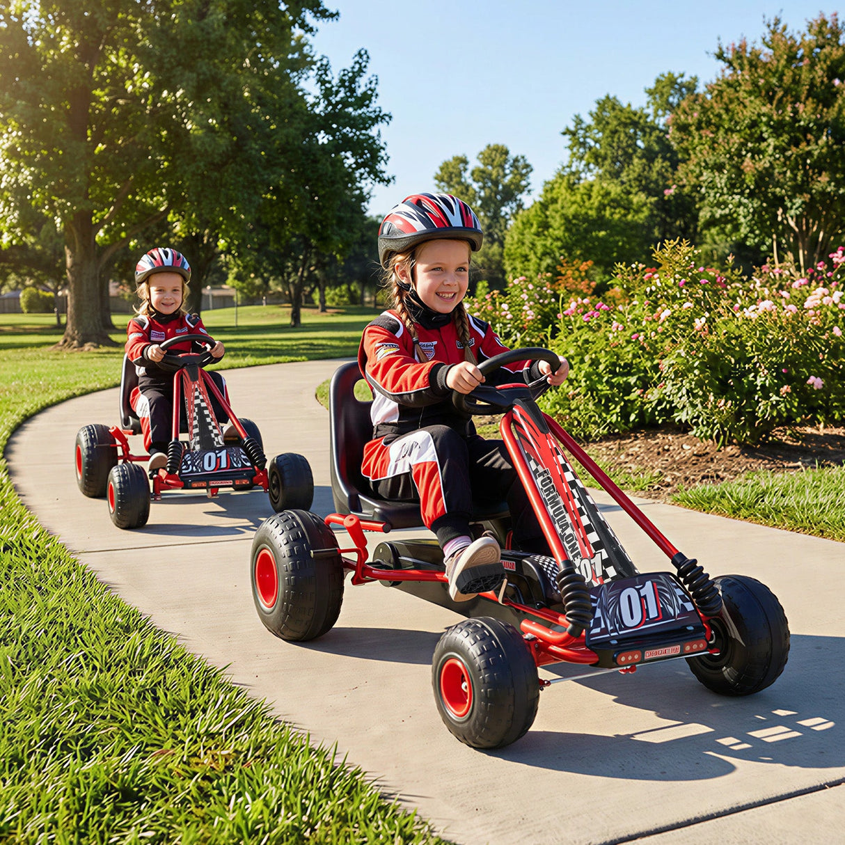 Go Kart para niños con pedales de 4 ruedas, asiento ajustable y ruedas para todo terreno