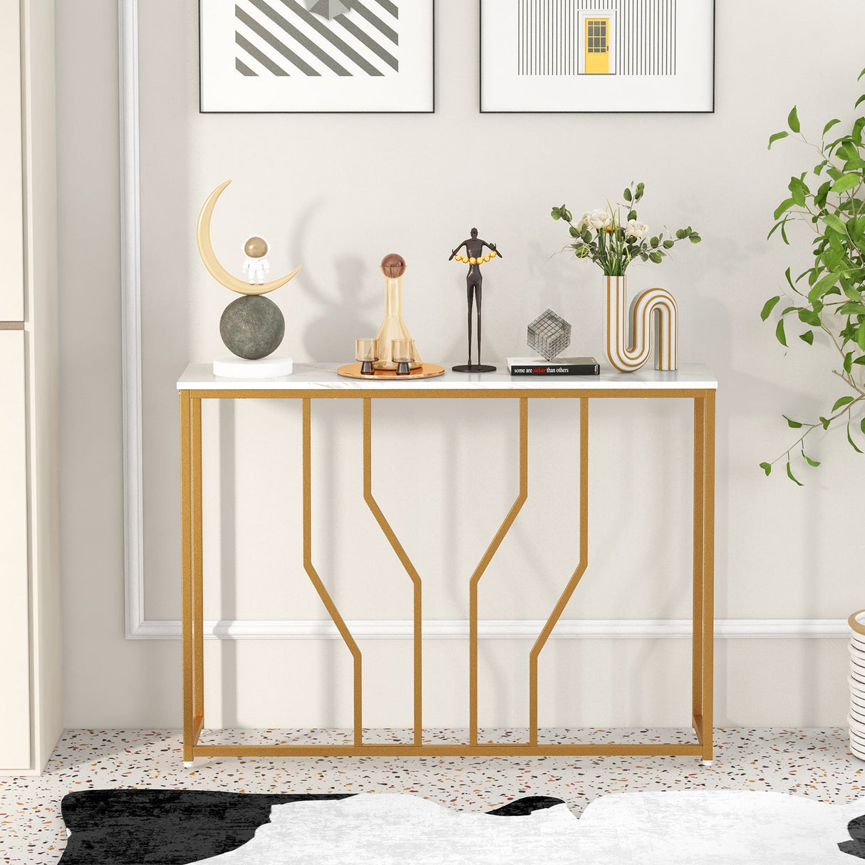 Mesa de entrada moderna blanca de 44 pulgadas con tablero de imitación de mármol - Blanca
