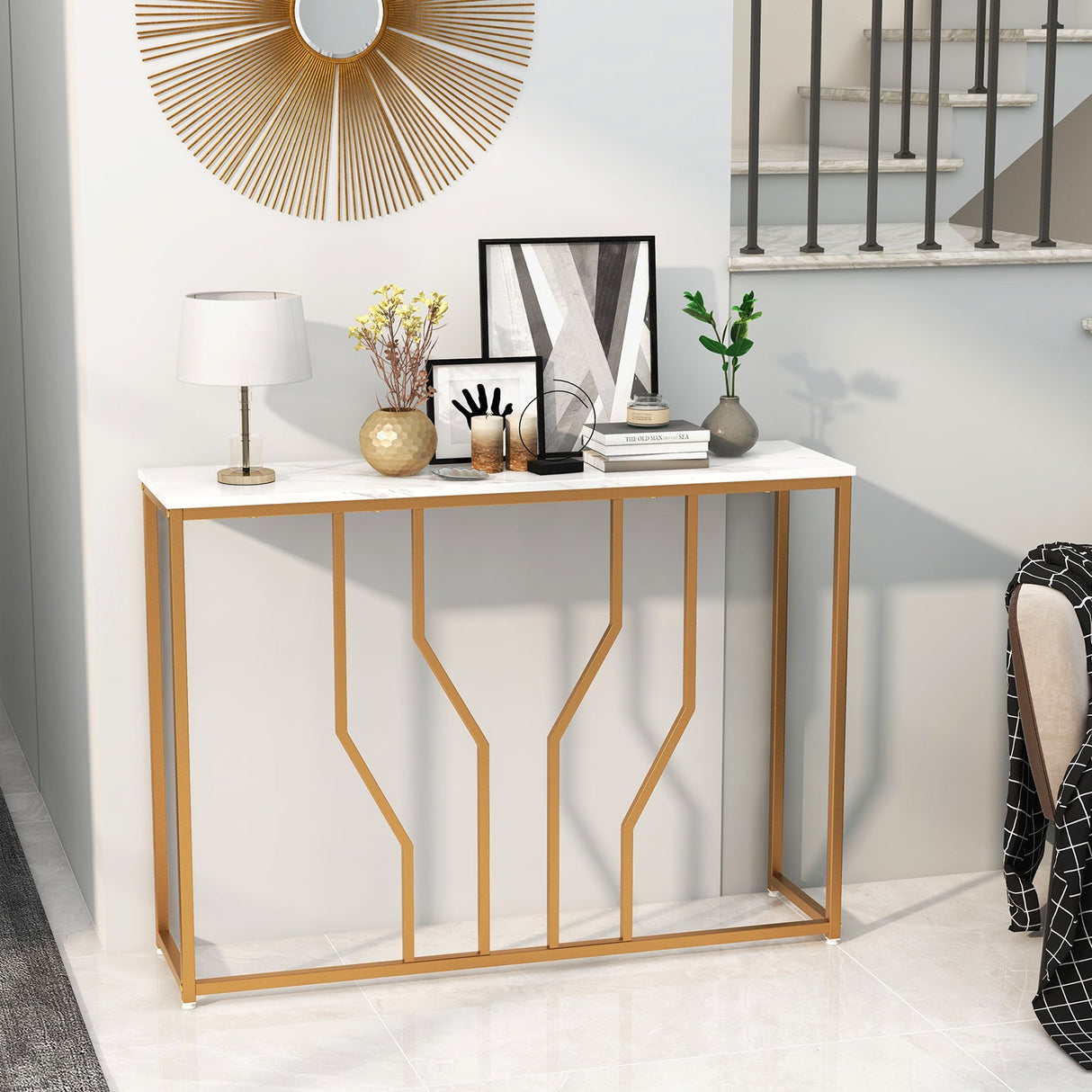 Mesa de entrada moderna blanca de 44 pulgadas con tablero de imitación de mármol - Blanca