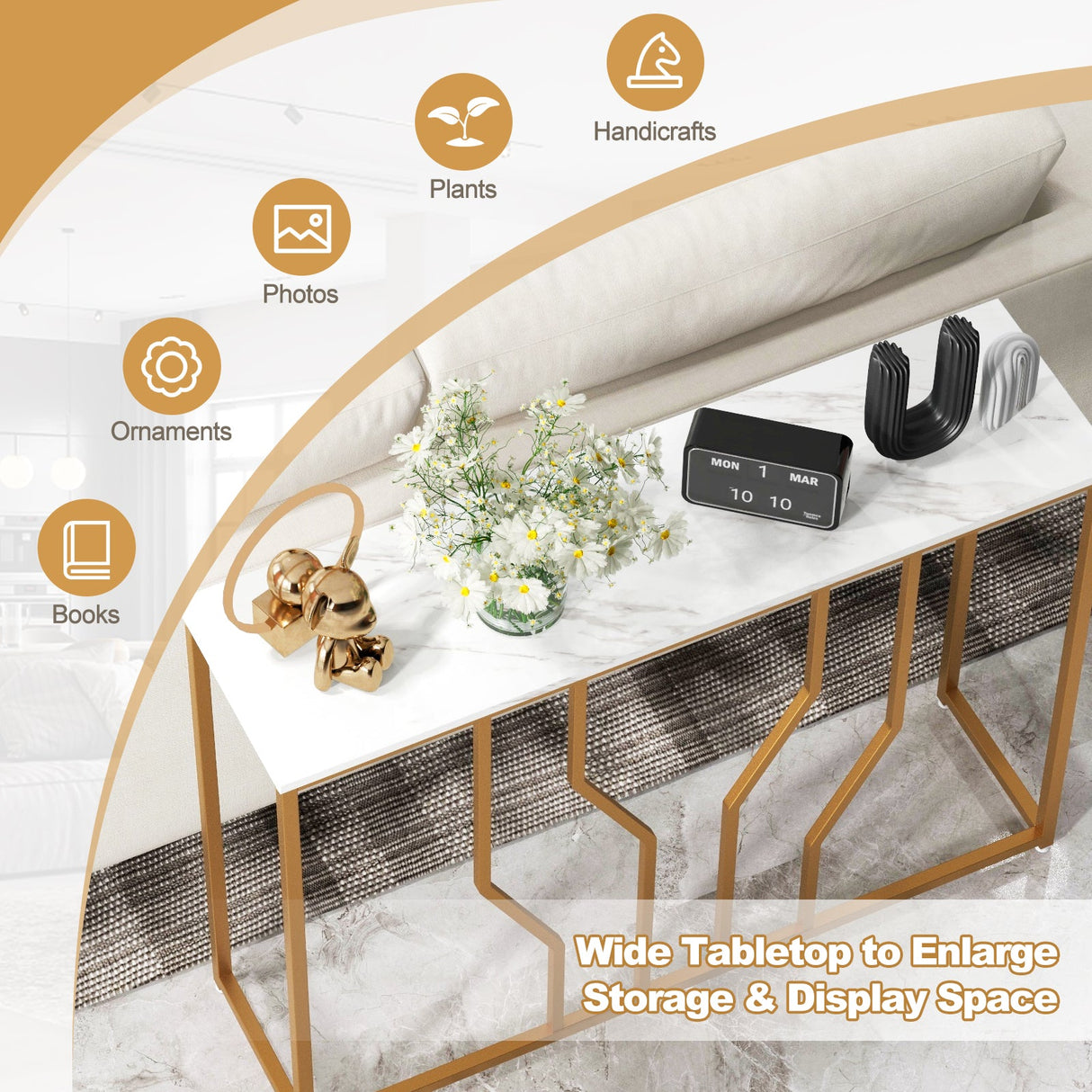 Mesa de entrada moderna blanca de 44 pulgadas con tablero de imitación de mármol - Blanca