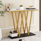 Mesa de Entrada Dorada de 40 Pulgadas, Consola Moderna con Tablero de Mármol Sintético y Estructura Metálica - Blanca
