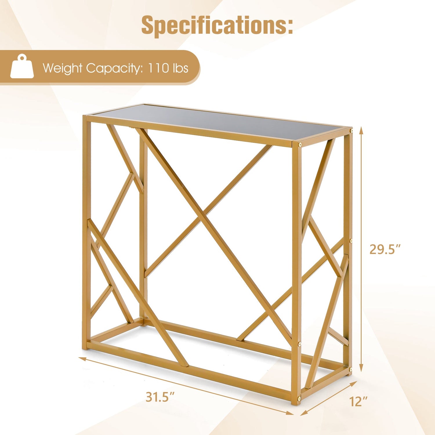 Mesa de entrada de 31.5 pulgadas con estructura de metal resistente dorada y almohadillas para los pies - Negro
