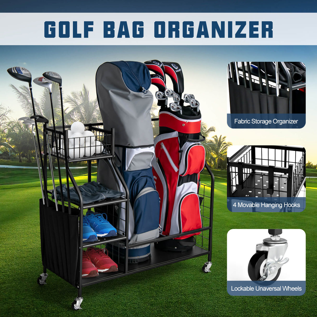 Organizador doble de bolsas de golf con ruedas universales bloqueables