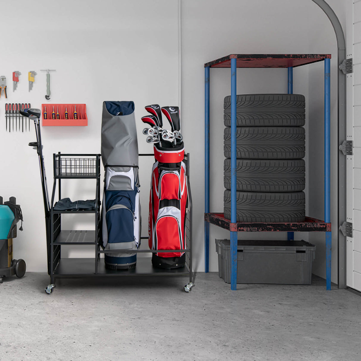 Organizador doble de bolsas de golf con ruedas universales bloqueables