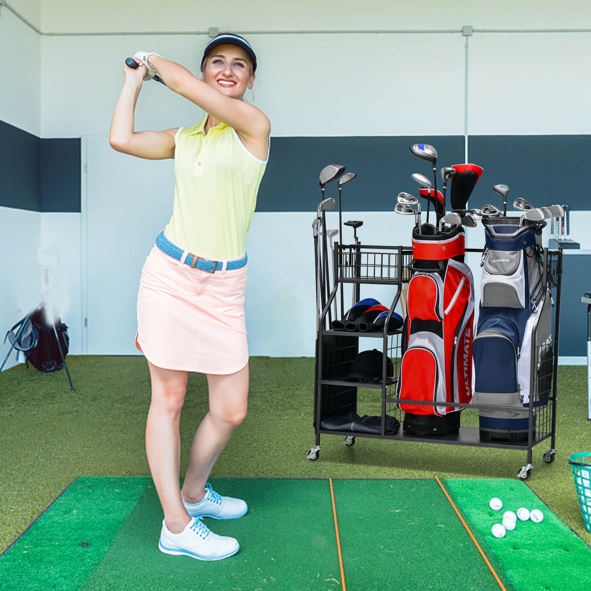 Organizador doble de bolsas de golf con ruedas universales bloqueables