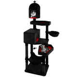 Árbol rascador gótico para gatos con 2 condominios y cama en forma de ataúd para gatos de interior - Negro
