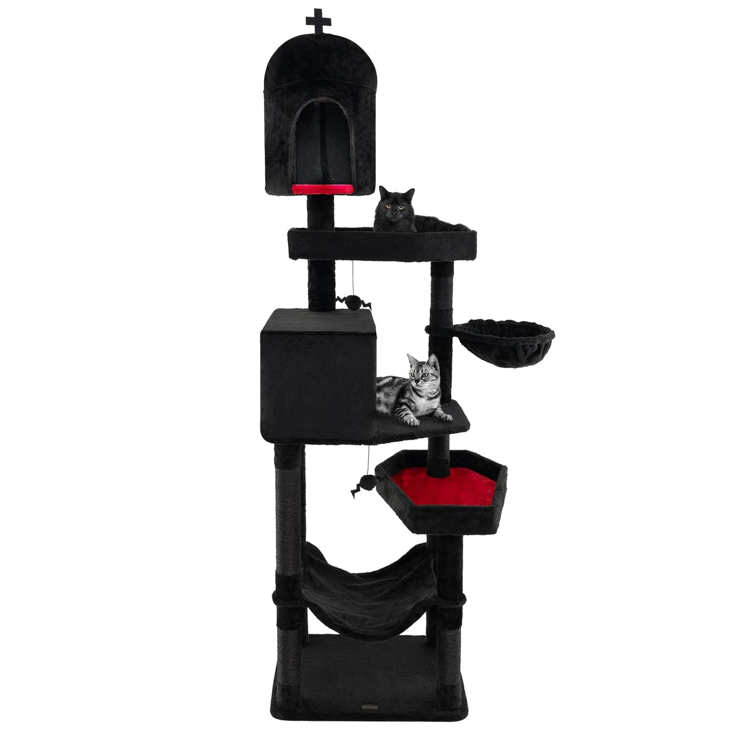 Árbol rascador gótico para gatos con 2 condominios y cama en forma de ataúd para gatos de interior - Negro