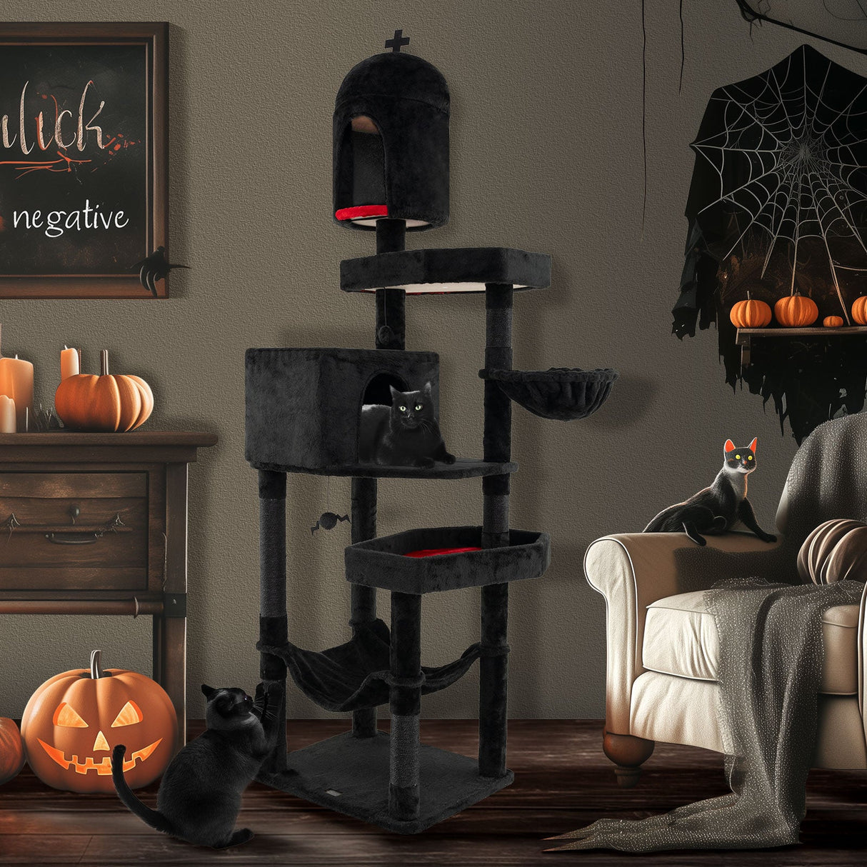 Árbol rascador gótico para gatos con 2 condominios y cama en forma de ataúd para gatos de interior - Negro