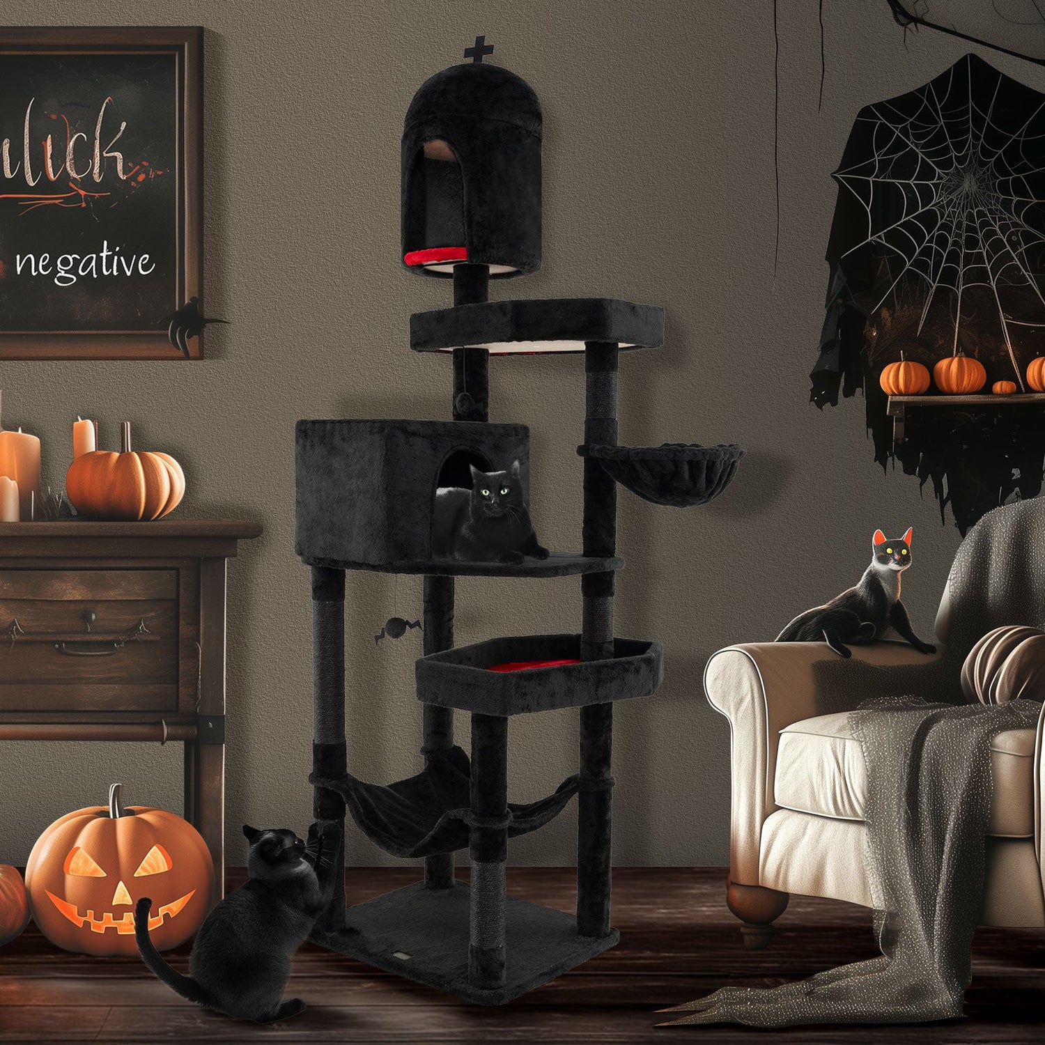 Árbol rascador gótico para gatos con 2 condominios y cama en forma de ataúd para gatos de interior - Negro