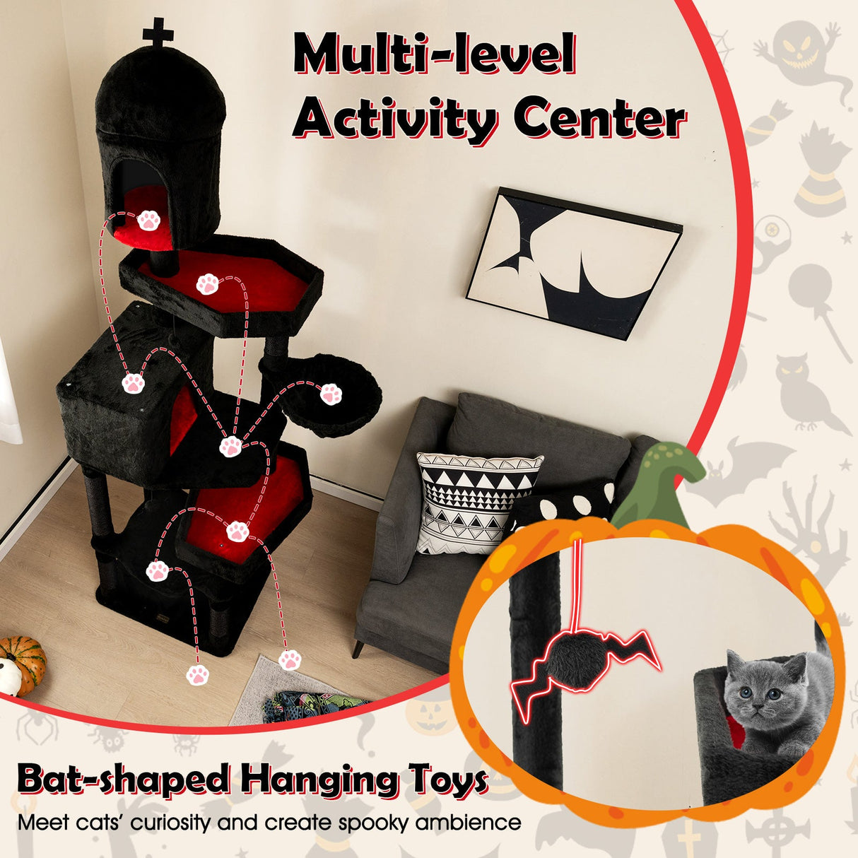 Árbol rascador gótico para gatos con 2 condominios y cama en forma de ataúd para gatos de interior - Negro