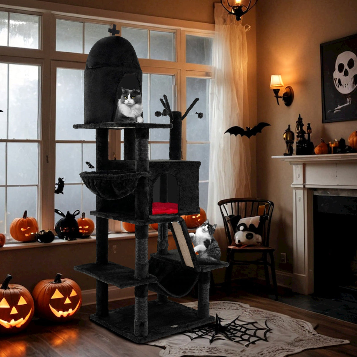 Gothic Cat Tree with 2 Cat Condos and Spooky Dangling Ball for Indoor Cats-Black