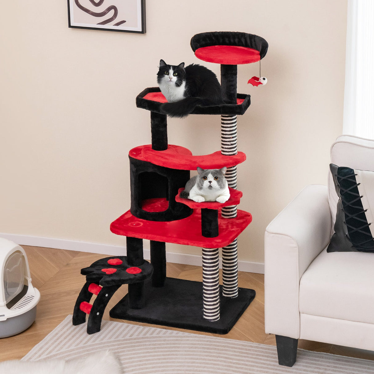 Árbol para gatos gótico con cama, condominio y rascador de sisal - Negro y rojo